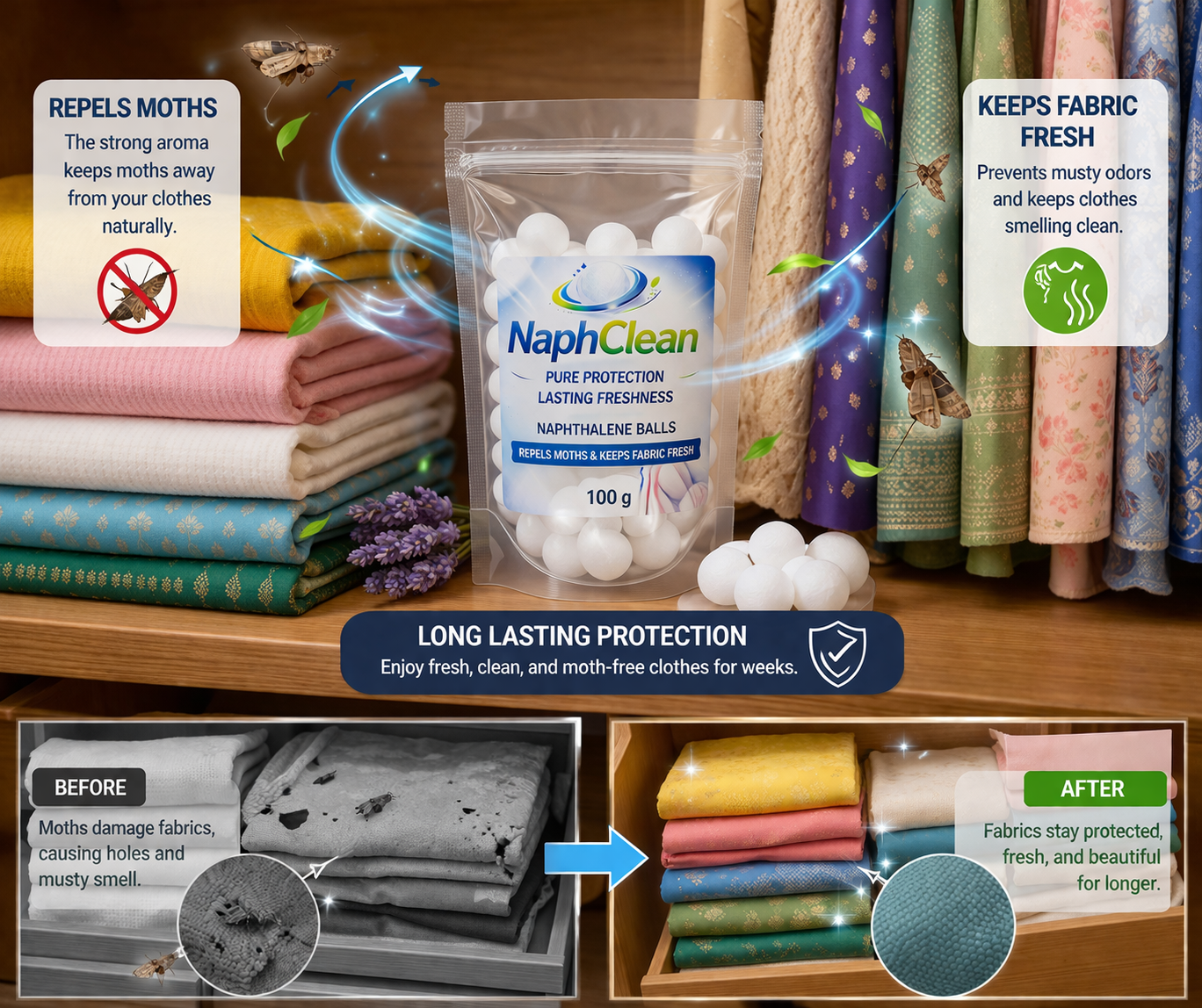 NaphClean Naphthalene Balls — 100g | Everyday Wardrobe Pest Control