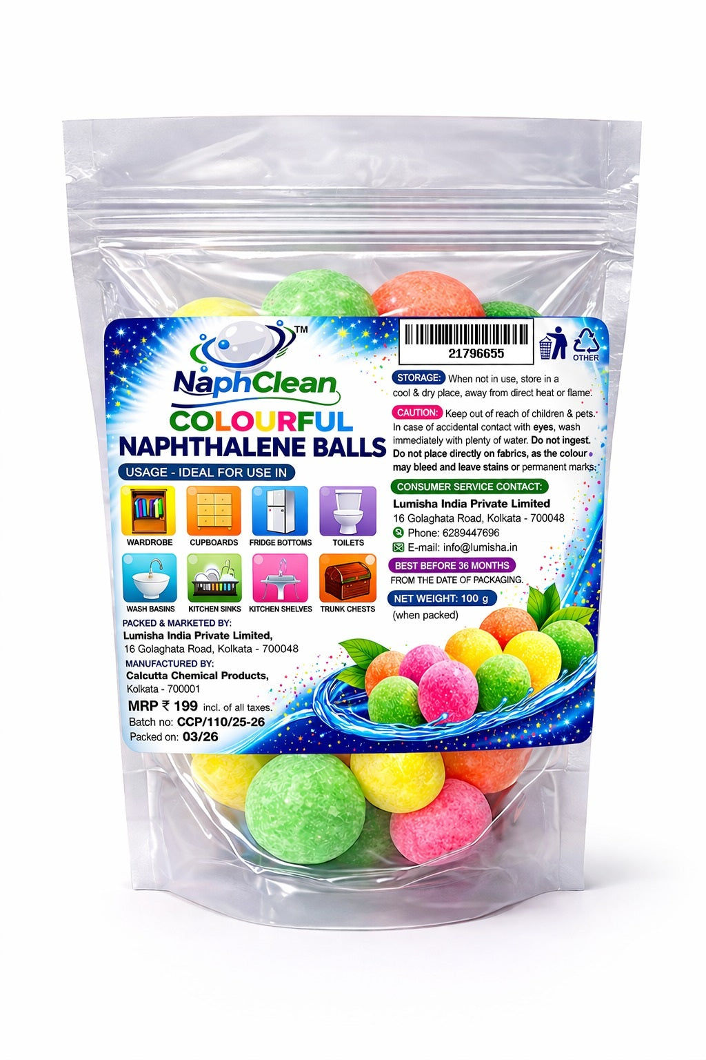 NaphClean Multi Colour Naphthalene Balls for Clothes | 100 Grams | Bathroom | Wardrobe | Moth, Protect Clothes | Insect Repellant | Ideal For Cupboards, Bookshelves And Toilets