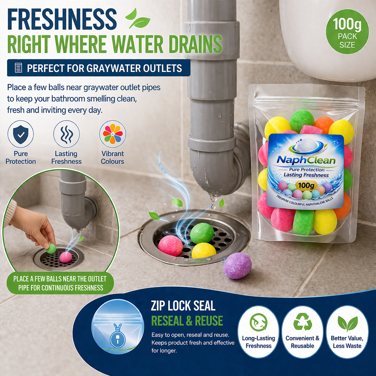 NaphClean Multi Colour Naphthalene Balls for Clothes | 100 Grams | Bathroom | Wardrobe | Moth, Protect Clothes | Insect Repellant | Ideal For Cupboards, Bookshelves And Toilets