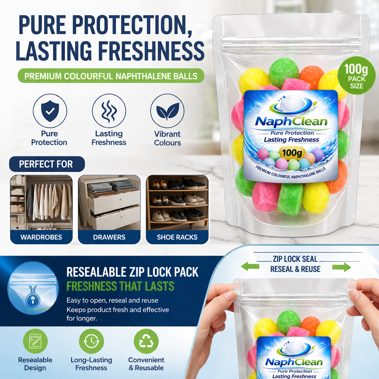 NaphClean Multi Colour Naphthalene Balls for Clothes | 100 Grams | Bathroom | Wardrobe | Moth, Protect Clothes | Insect Repellant | Ideal For Cupboards, Bookshelves And Toilets