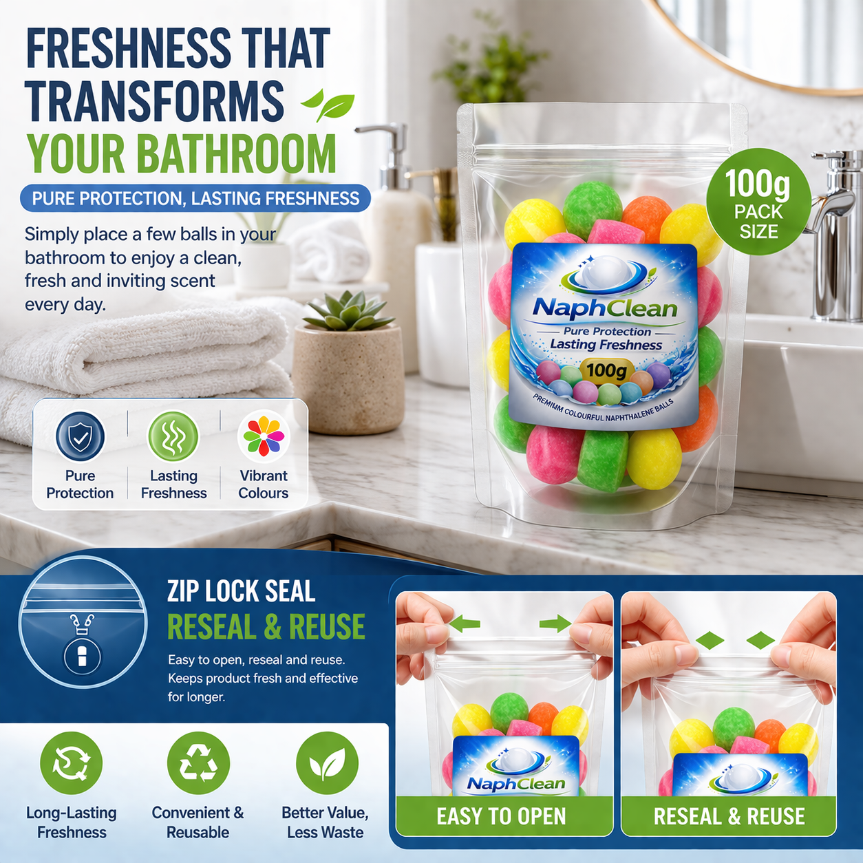 NaphClean Multi Colour Naphthalene Balls for Clothes | 100 Grams | Bathroom | Wardrobe | Moth, Protect Clothes | Insect Repellant | Ideal For Cupboards, Bookshelves And Toilets