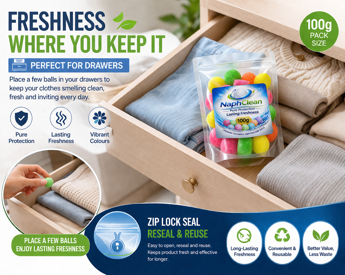 NaphClean Multi Colour Naphthalene Balls for Clothes | 100 Grams | Bathroom | Wardrobe | Moth, Protect Clothes | Insect Repellant | Ideal For Cupboards, Bookshelves And Toilets