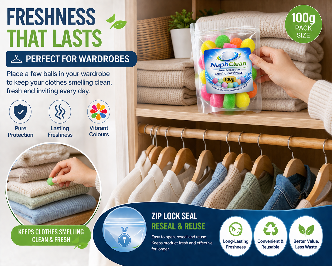 NaphClean Multi Colour Naphthalene Balls for Clothes | 100 Grams | Bathroom | Wardrobe | Moth, Protect Clothes | Insect Repellant | Ideal For Cupboards, Bookshelves And Toilets