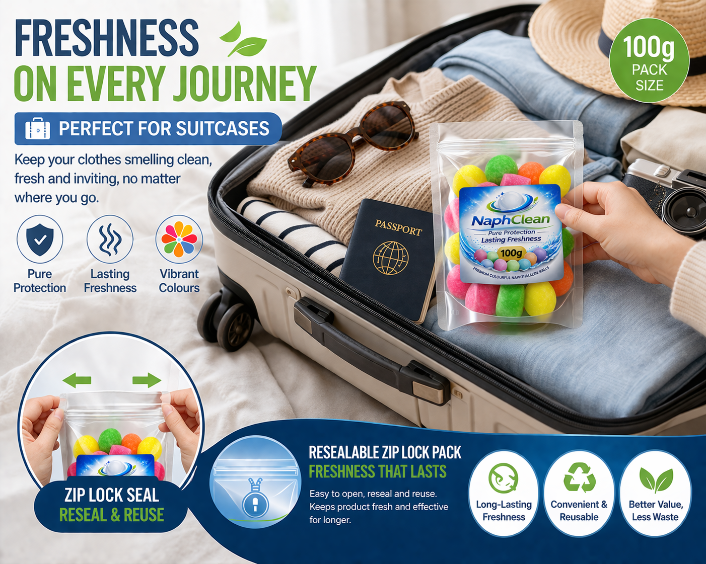 NaphClean Multi Colour Naphthalene Balls for Clothes | 100 Grams | Bathroom | Wardrobe | Moth, Protect Clothes | Insect Repellant | Ideal For Cupboards, Bookshelves And Toilets