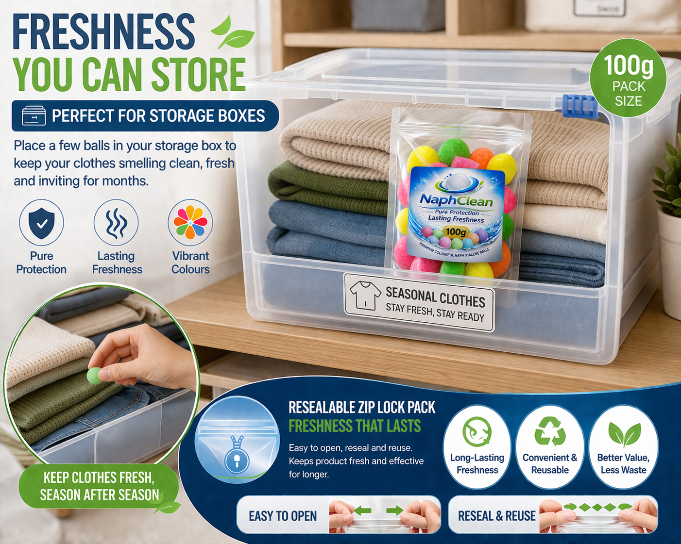 NaphClean Multi Colour Naphthalene Balls for Clothes | 100 Grams | Bathroom | Wardrobe | Moth, Protect Clothes | Insect Repellant | Ideal For Cupboards, Bookshelves And Toilets