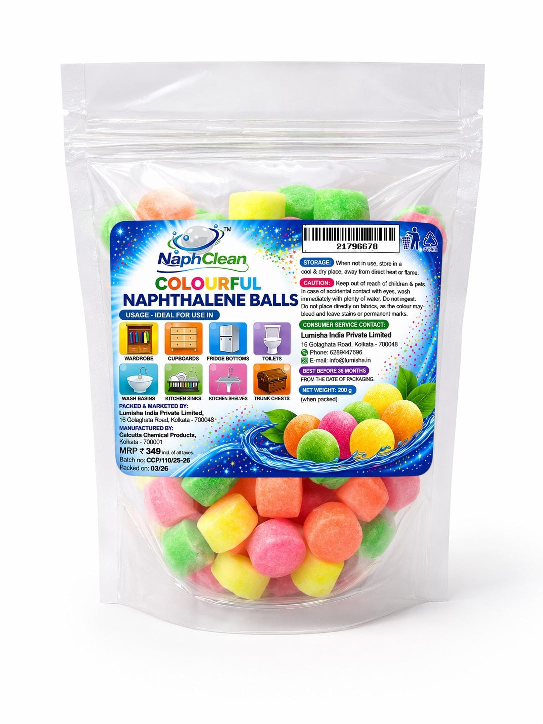 NaphClean Multi Colour Naphthalene Balls for Clothes | 200 Grams | Bathroom | Wardrobe | Moth, Protect Clothes | Insect Repellant | Ideal For Cupboards, Bookshelves And Toilets