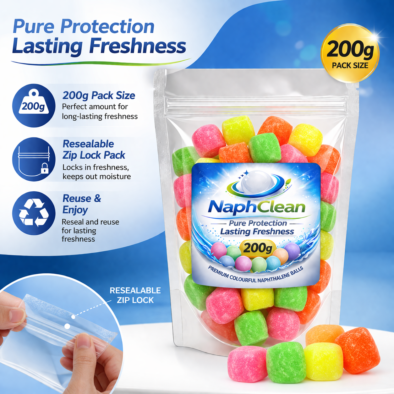 NaphClean Multi Colour Naphthalene Balls for Clothes | 200 Grams | Bathroom | Wardrobe | Moth, Protect Clothes | Insect Repellant | Ideal For Cupboards, Bookshelves And Toilets