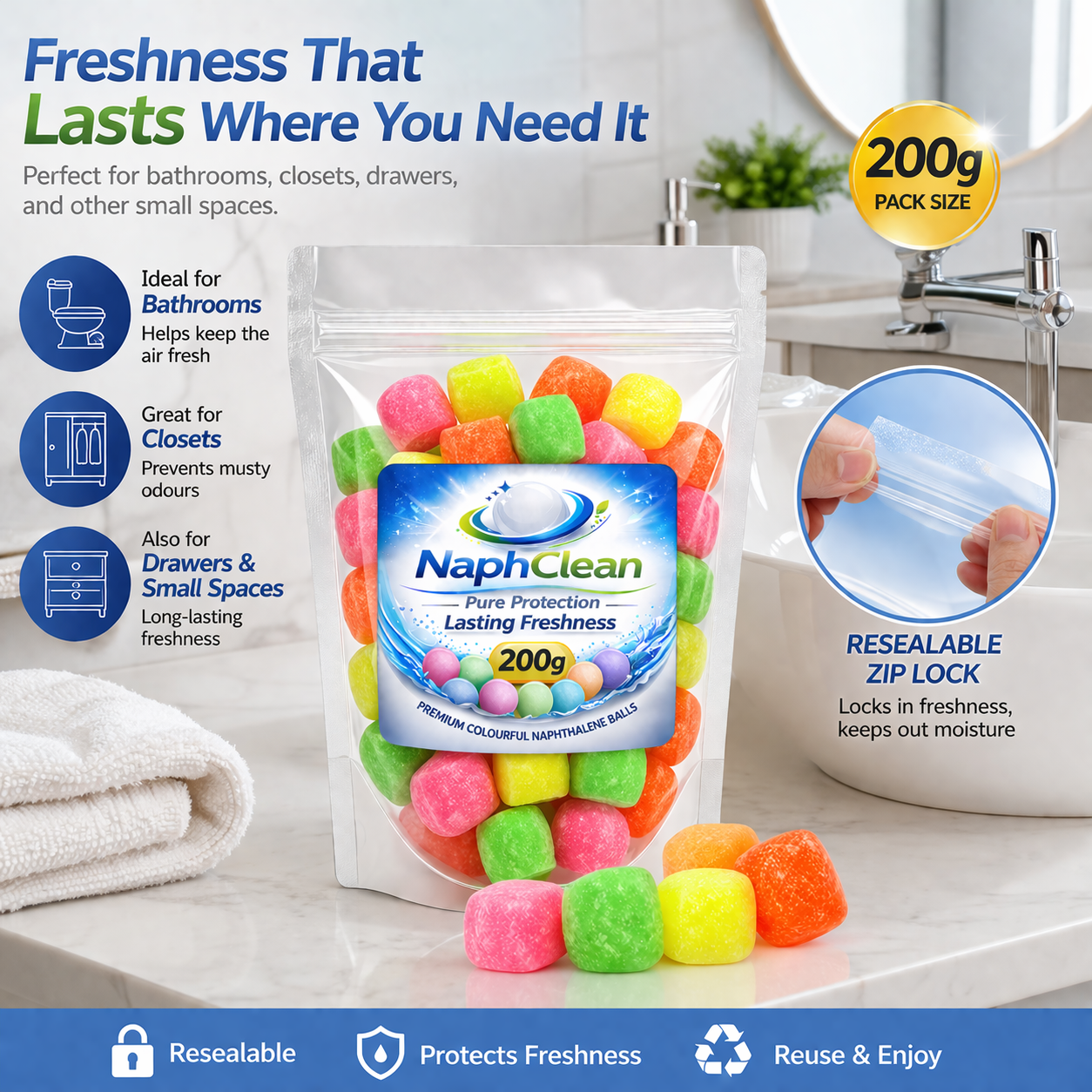NaphClean Multi Colour Naphthalene Balls for Clothes | 200 Grams | Bathroom | Wardrobe | Moth, Protect Clothes | Insect Repellant | Ideal For Cupboards, Bookshelves And Toilets