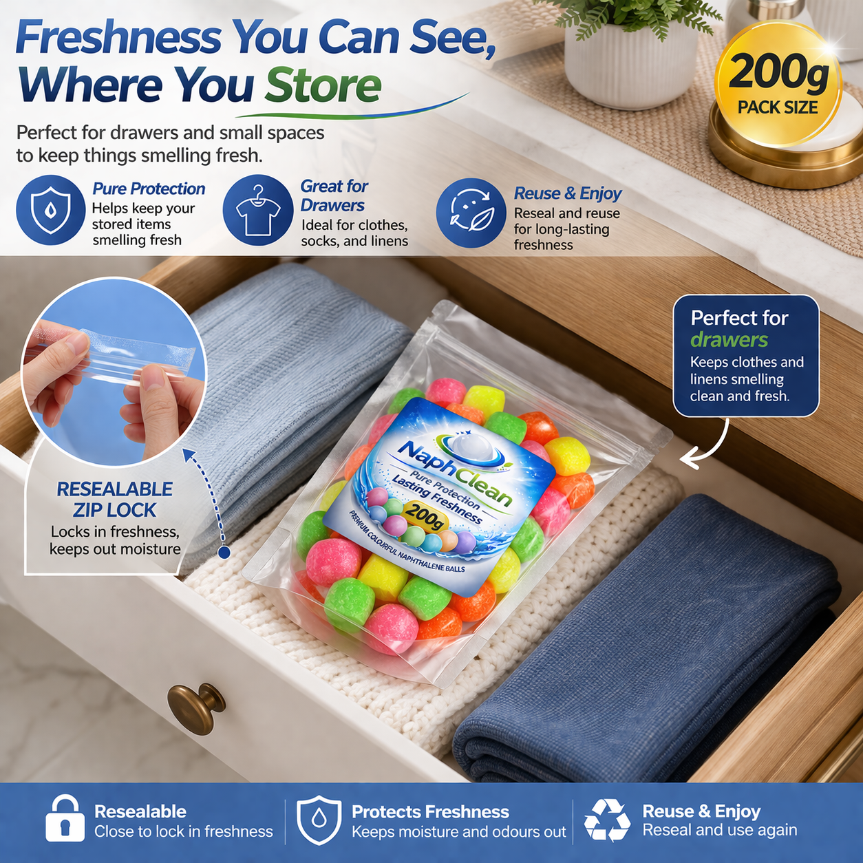 NaphClean Multi Colour Naphthalene Balls for Clothes | 200 Grams | Bathroom | Wardrobe | Moth, Protect Clothes | Insect Repellant | Ideal For Cupboards, Bookshelves And Toilets