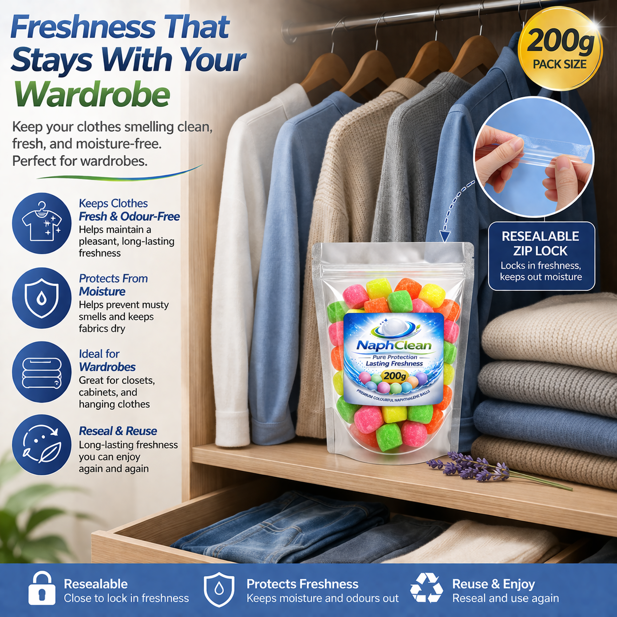 NaphClean Multi Colour Naphthalene Balls for Clothes | 200 Grams | Bathroom | Wardrobe | Moth, Protect Clothes | Insect Repellant | Ideal For Cupboards, Bookshelves And Toilets