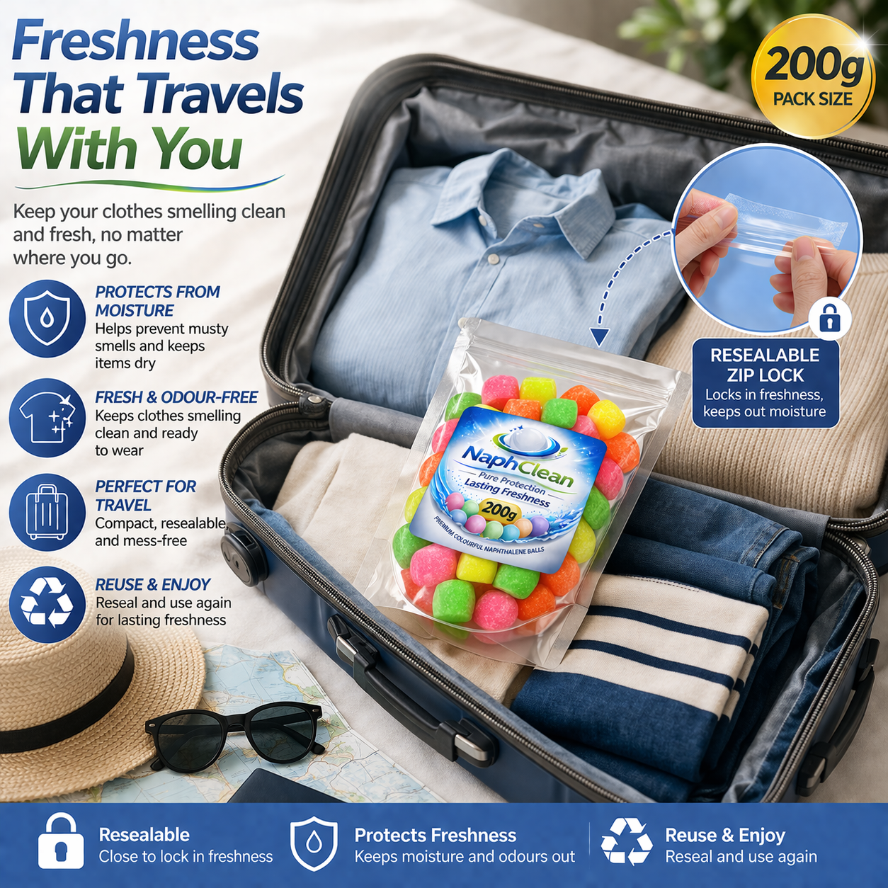 NaphClean Multi Colour Naphthalene Balls for Clothes | 200 Grams | Bathroom | Wardrobe | Moth, Protect Clothes | Insect Repellant | Ideal For Cupboards, Bookshelves And Toilets