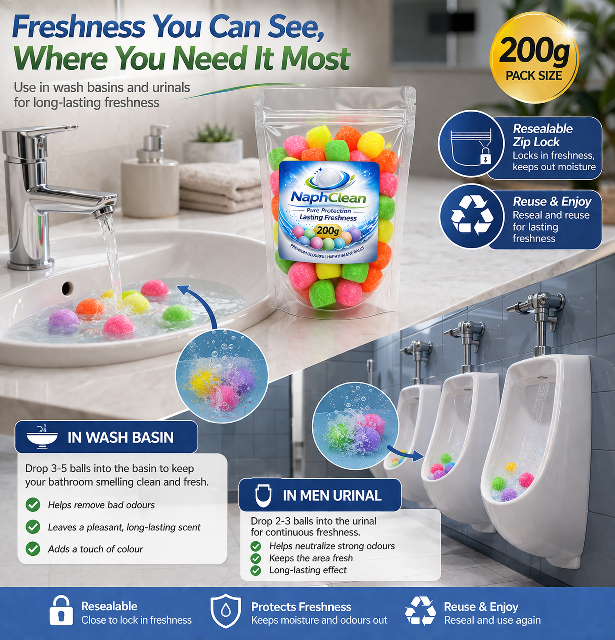 NaphClean Multi Colour Naphthalene Balls for Clothes | 200 Grams | Bathroom | Wardrobe | Moth, Protect Clothes | Insect Repellant | Ideal For Cupboards, Bookshelves And Toilets