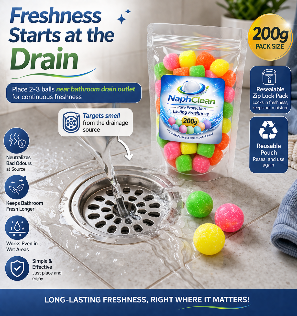 NaphClean Multi Colour Naphthalene Balls for Clothes | 200 Grams | Bathroom | Wardrobe | Moth, Protect Clothes | Insect Repellant | Ideal For Cupboards, Bookshelves And Toilets