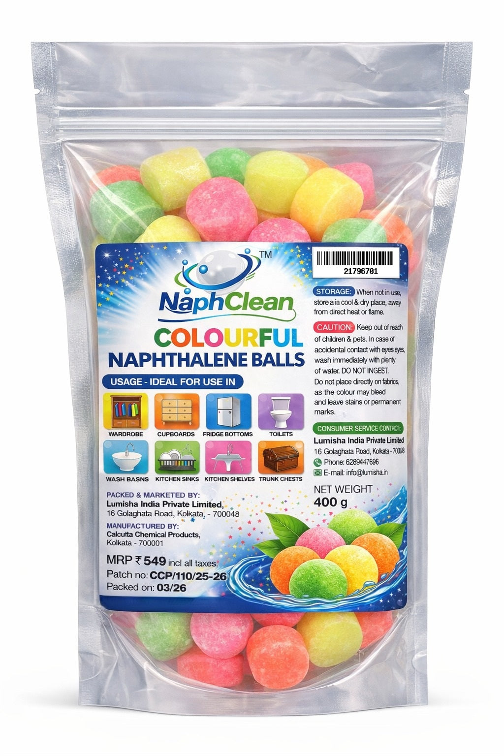 NaphClean Multi Colour Naphthalene Balls for Clothes | 400 Grams | Bathroom | Wardrobe | Moth, Protect Clothes | Insect Repellant | Ideal For Cupboards, Bookshelves And Toilets