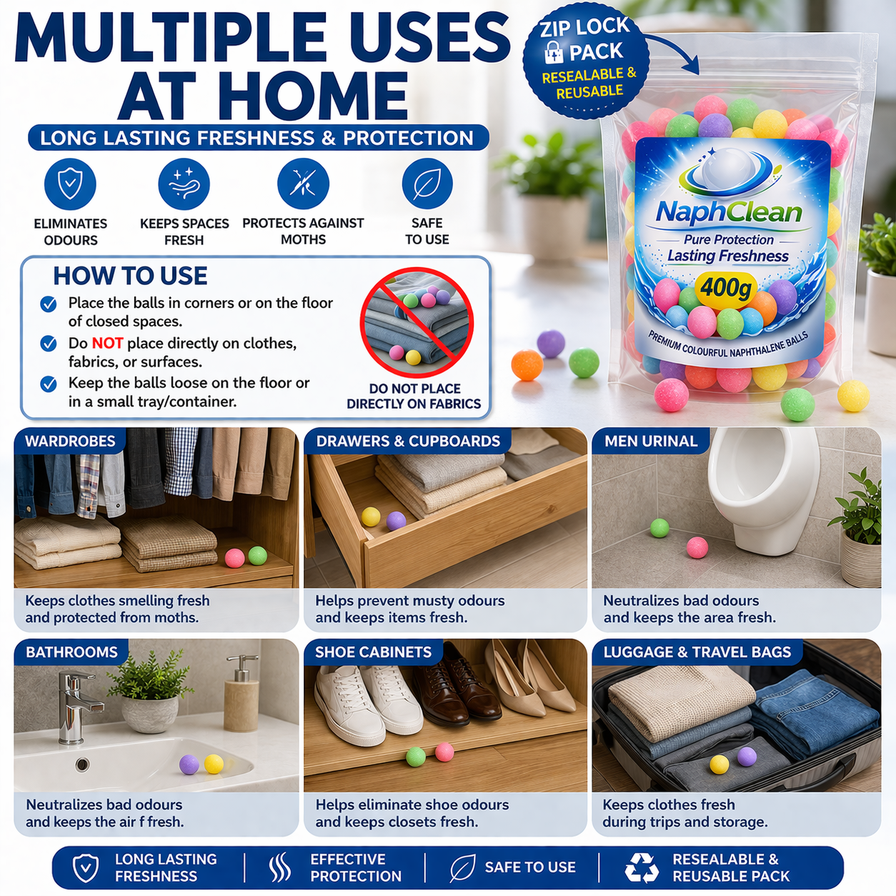 NaphClean Multi Colour Naphthalene Balls for Clothes | 400 Grams | Bathroom | Wardrobe | Moth, Protect Clothes | Insect Repellant | Ideal For Cupboards, Bookshelves And Toilets