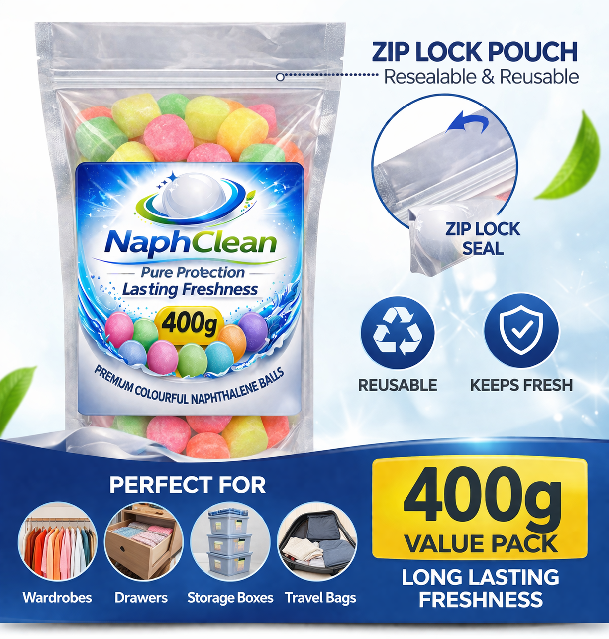NaphClean Multi Colour Naphthalene Balls for Clothes | 400 Grams | Bathroom | Wardrobe | Moth, Protect Clothes | Insect Repellant | Ideal For Cupboards, Bookshelves And Toilets