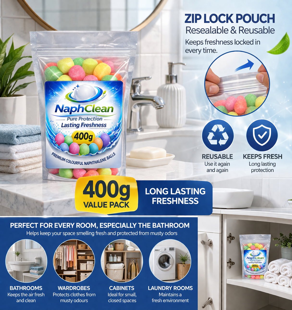 NaphClean Multi Colour Naphthalene Balls for Clothes | 400 Grams | Bathroom | Wardrobe | Moth, Protect Clothes | Insect Repellant | Ideal For Cupboards, Bookshelves And Toilets