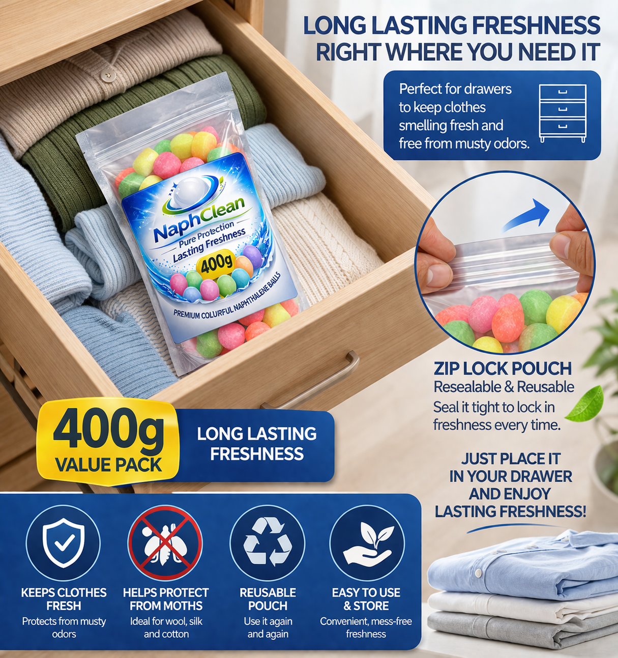 NaphClean Multi Colour Naphthalene Balls for Clothes | 400 Grams | Bathroom | Wardrobe | Moth, Protect Clothes | Insect Repellant | Ideal For Cupboards, Bookshelves And Toilets