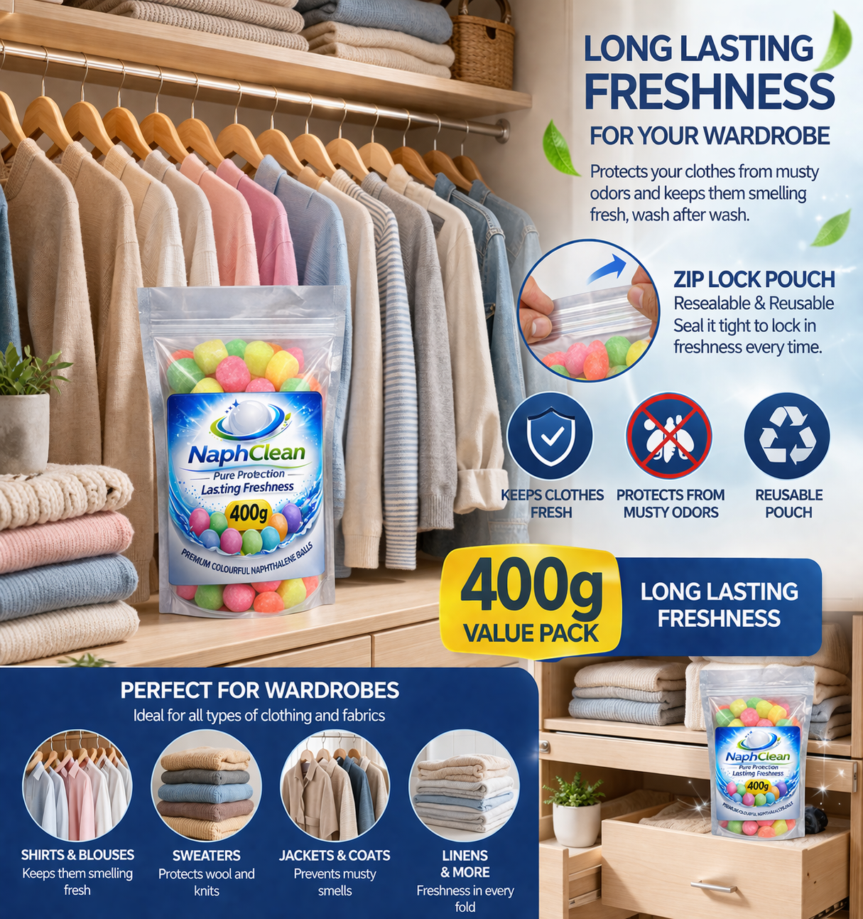 NaphClean Multi Colour Naphthalene Balls for Clothes | 400 Grams | Bathroom | Wardrobe | Moth, Protect Clothes | Insect Repellant | Ideal For Cupboards, Bookshelves And Toilets