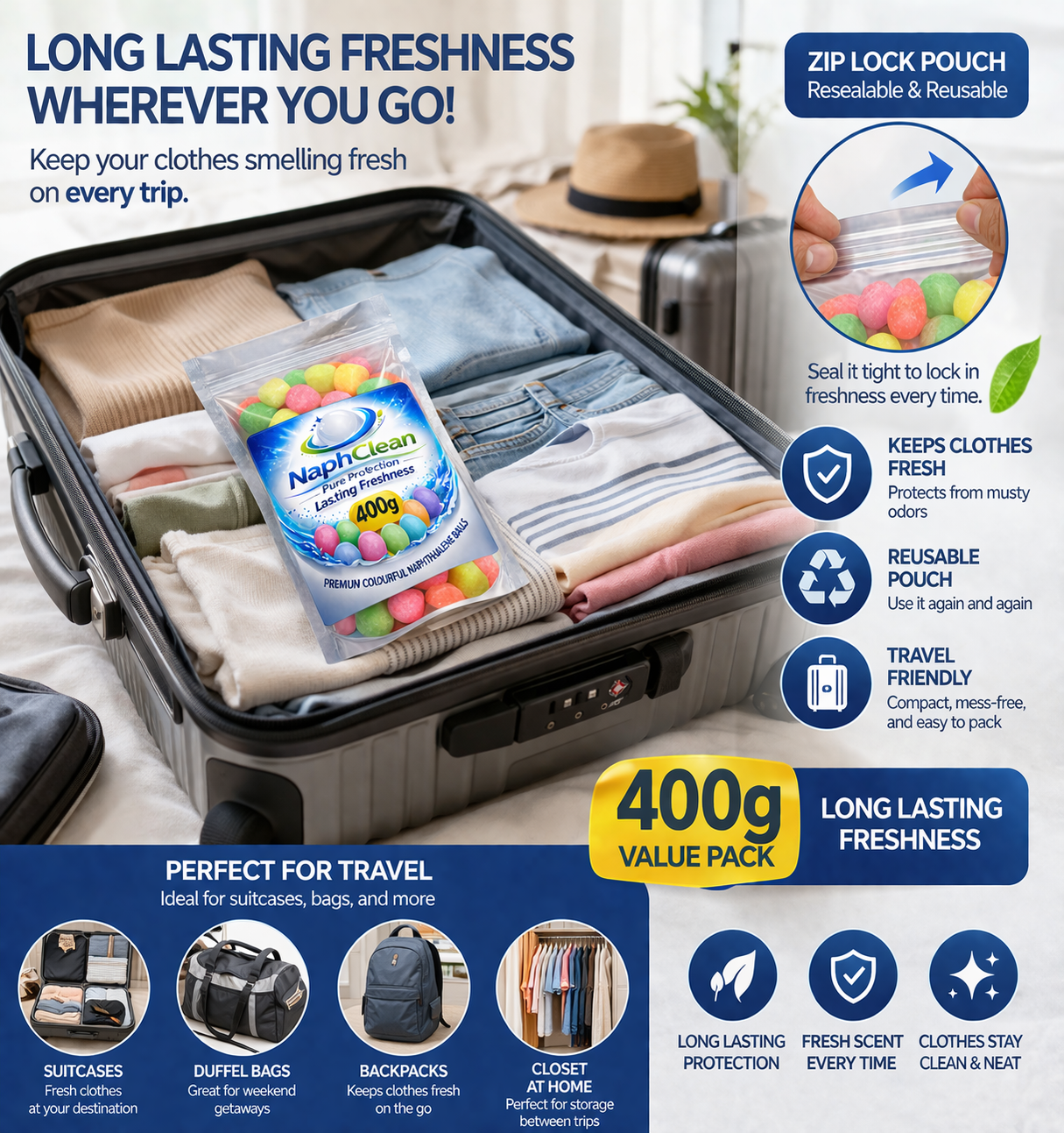 NaphClean Multi Colour Naphthalene Balls for Clothes | 400 Grams | Bathroom | Wardrobe | Moth, Protect Clothes | Insect Repellant | Ideal For Cupboards, Bookshelves And Toilets