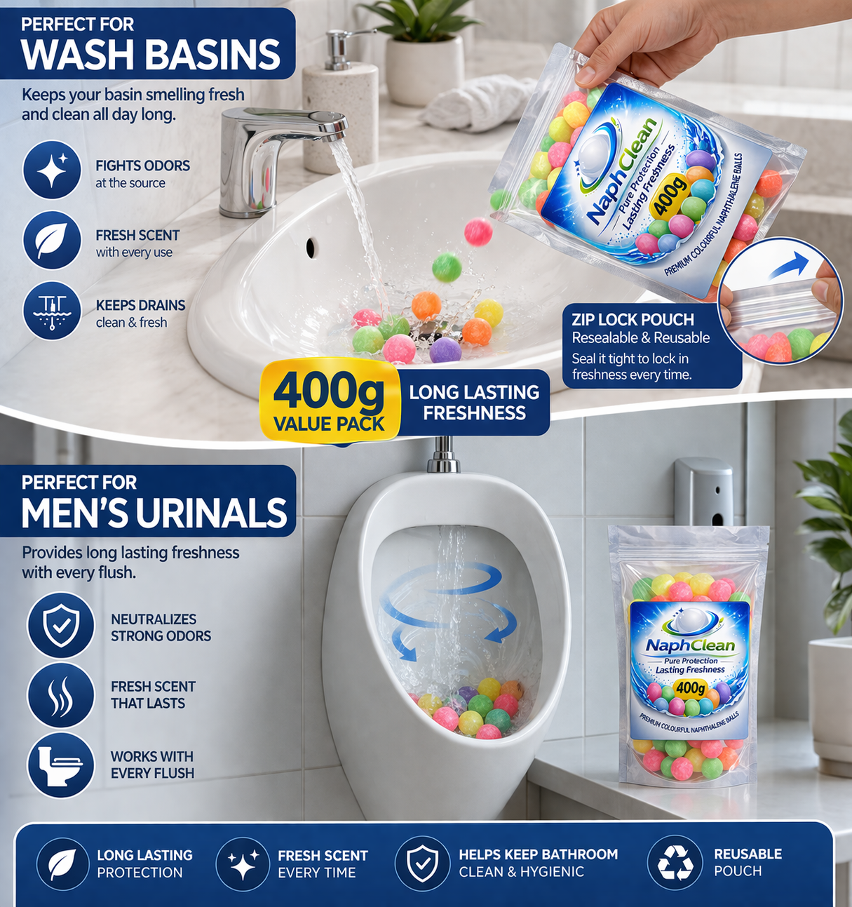 NaphClean Multi Colour Naphthalene Balls for Clothes | 400 Grams | Bathroom | Wardrobe | Moth, Protect Clothes | Insect Repellant | Ideal For Cupboards, Bookshelves And Toilets