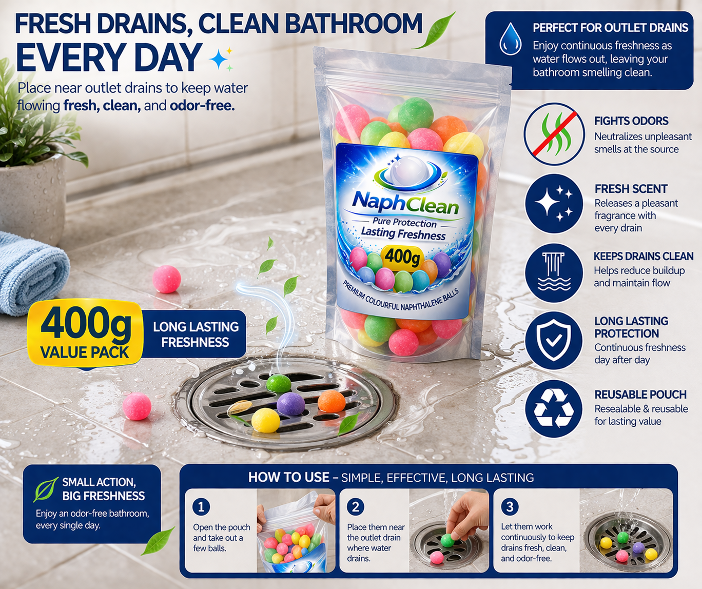 NaphClean Multi Colour Naphthalene Balls for Clothes | 400 Grams | Bathroom | Wardrobe | Moth, Protect Clothes | Insect Repellant | Ideal For Cupboards, Bookshelves And Toilets
