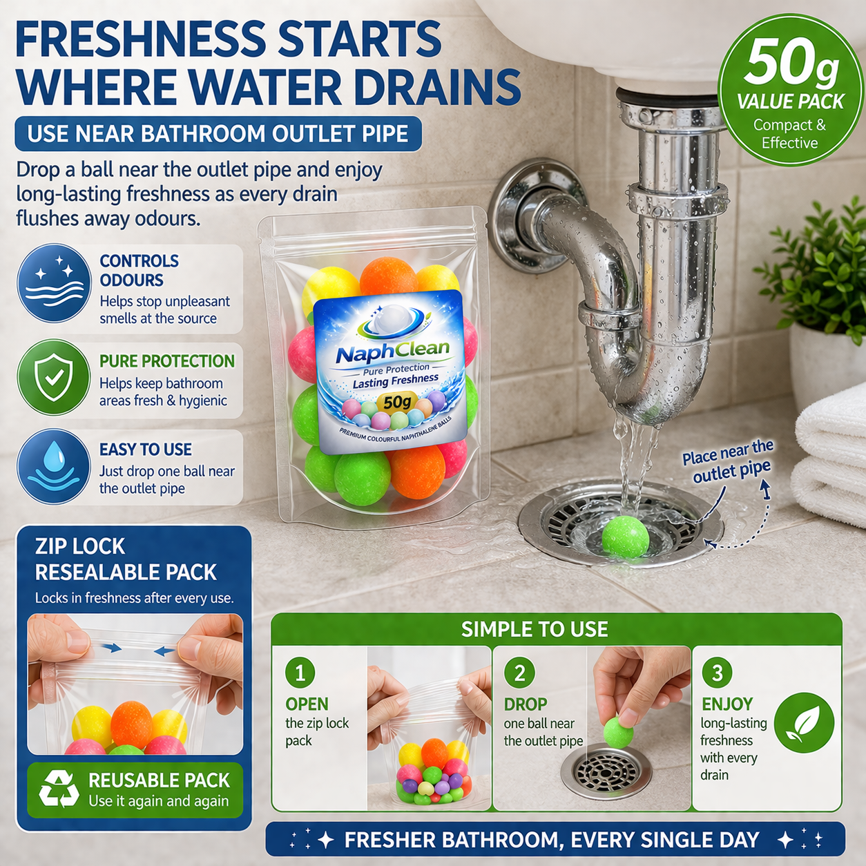 NaphClean Multi Colour Naphthalene Balls for Clothes | 50 Grams | Bathroom | Wardrobe | Moth, Protect Clothes | Insect Repellant | Ideal For Cupboards, Bookshelves And Toilets