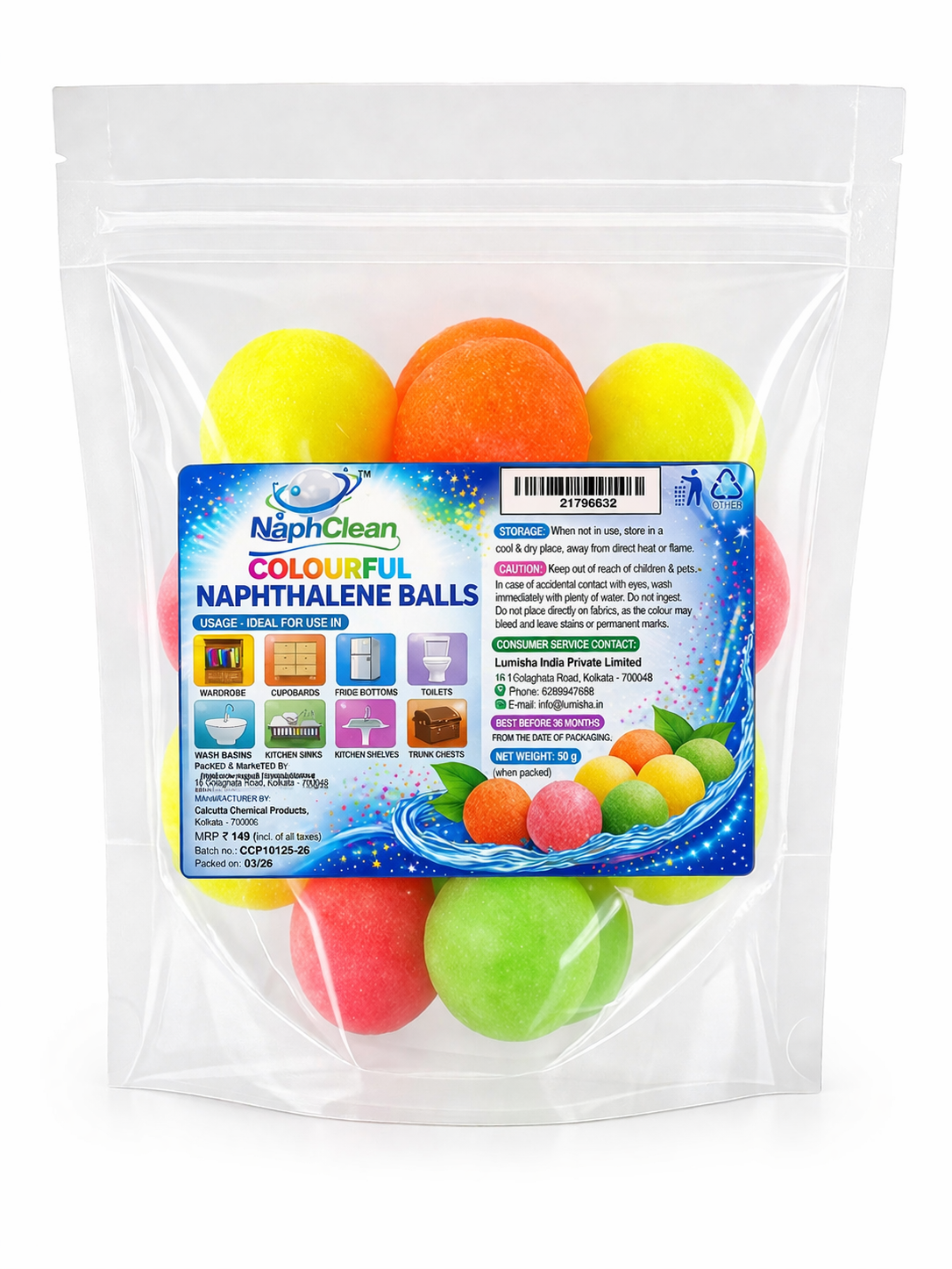 NaphClean Multi Colour Naphthalene Balls for Clothes | 50 Grams | Bathroom | Wardrobe | Moth, Protect Clothes | Insect Repellant | Ideal For Cupboards, Bookshelves And Toilets