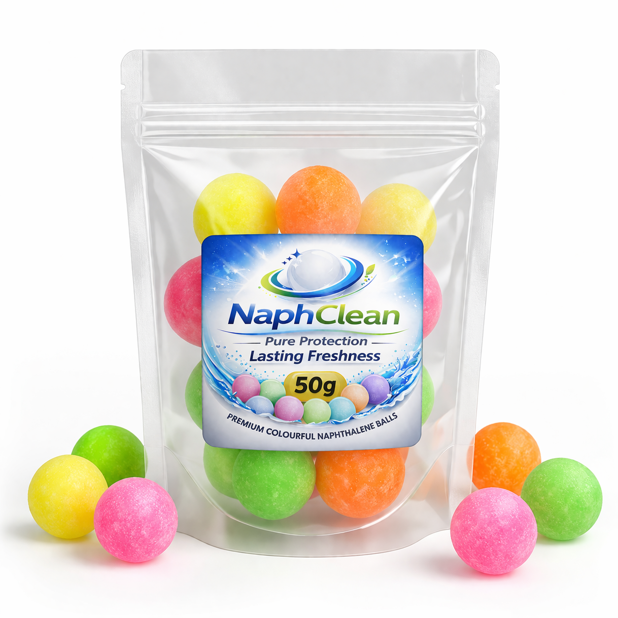 NaphClean Multi Colour Naphthalene Balls for Clothes | 50 Grams | Bathroom | Wardrobe | Moth, Protect Clothes | Insect Repellant | Ideal For Cupboards, Bookshelves And Toilets