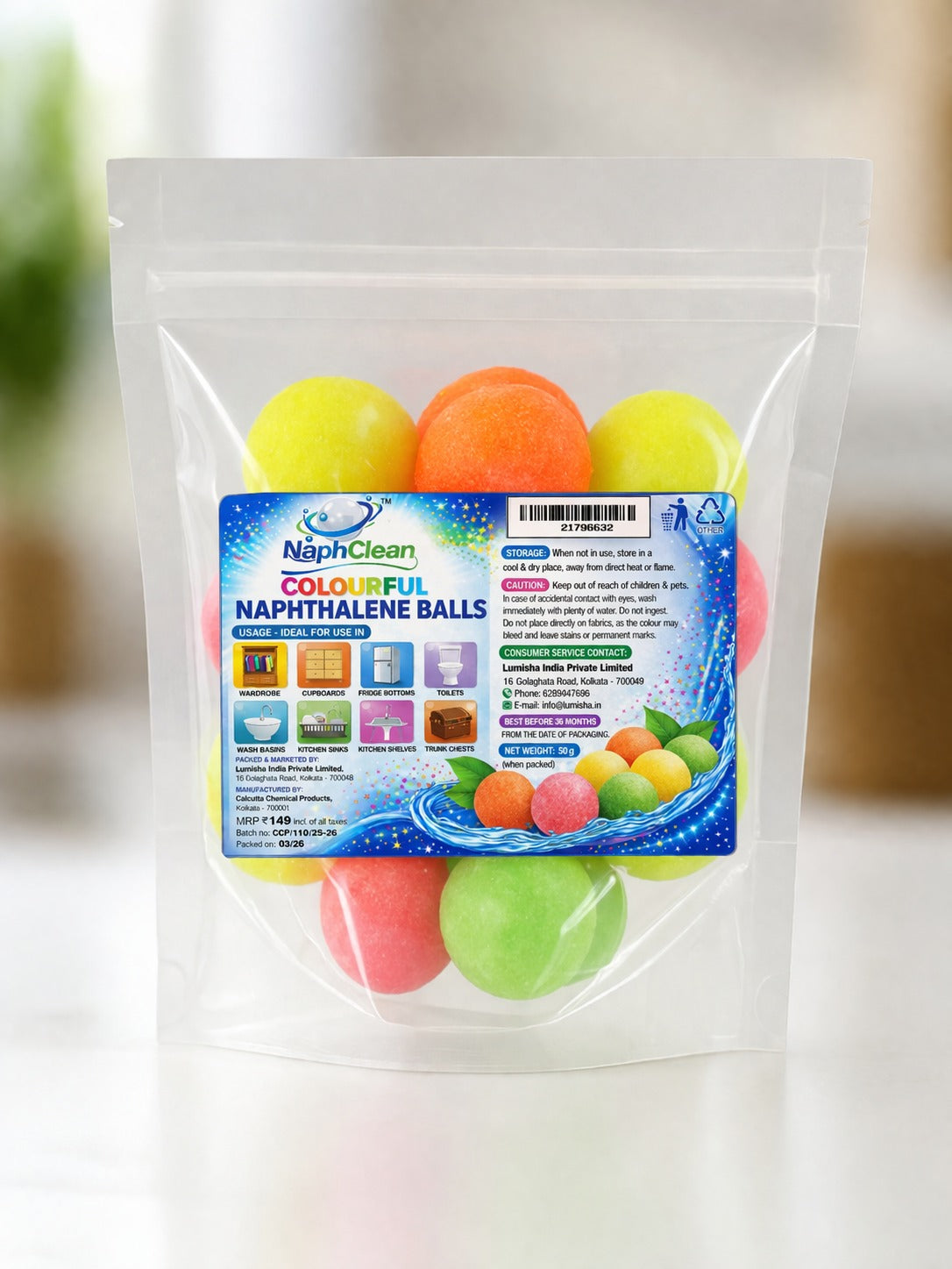 NaphClean Multi Colour Naphthalene Balls for Clothes | 50 Grams | Bathroom | Wardrobe | Moth, Protect Clothes | Insect Repellant | Ideal For Cupboards, Bookshelves And Toilets