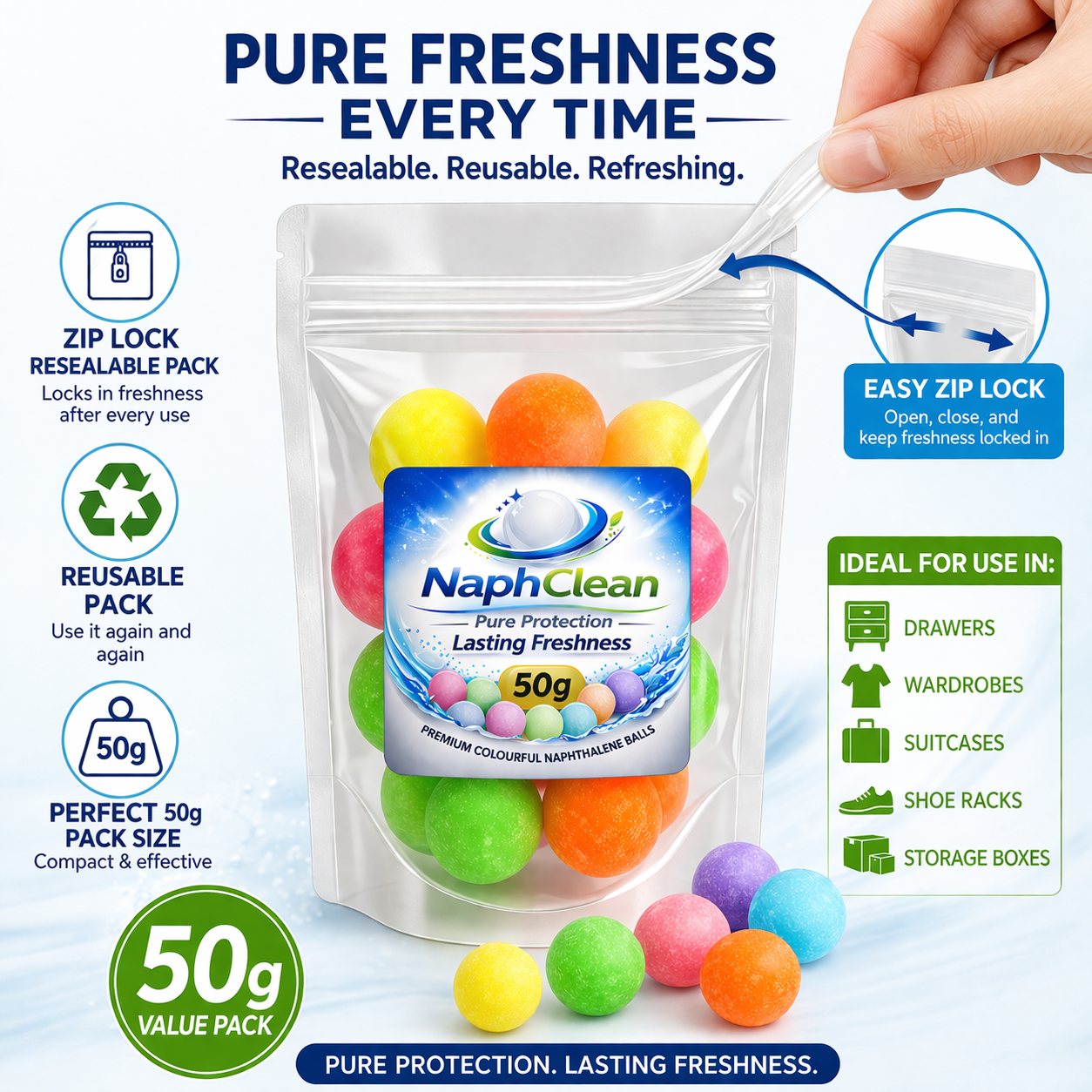 NaphClean Multi Colour Naphthalene Balls for Clothes | 50 Grams | Bathroom | Wardrobe | Moth, Protect Clothes | Insect Repellant | Ideal For Cupboards, Bookshelves And Toilets