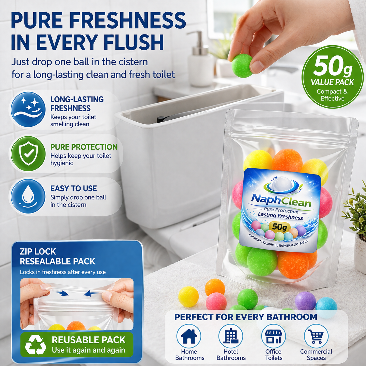 NaphClean Multi Colour Naphthalene Balls for Clothes | 50 Grams | Bathroom | Wardrobe | Moth, Protect Clothes | Insect Repellant | Ideal For Cupboards, Bookshelves And Toilets