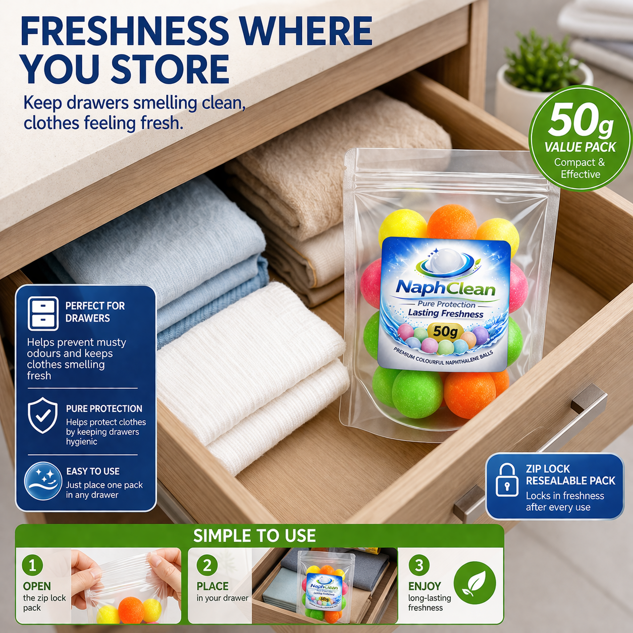 NaphClean Multi Colour Naphthalene Balls for Clothes | 50 Grams | Bathroom | Wardrobe | Moth, Protect Clothes | Insect Repellant | Ideal For Cupboards, Bookshelves And Toilets