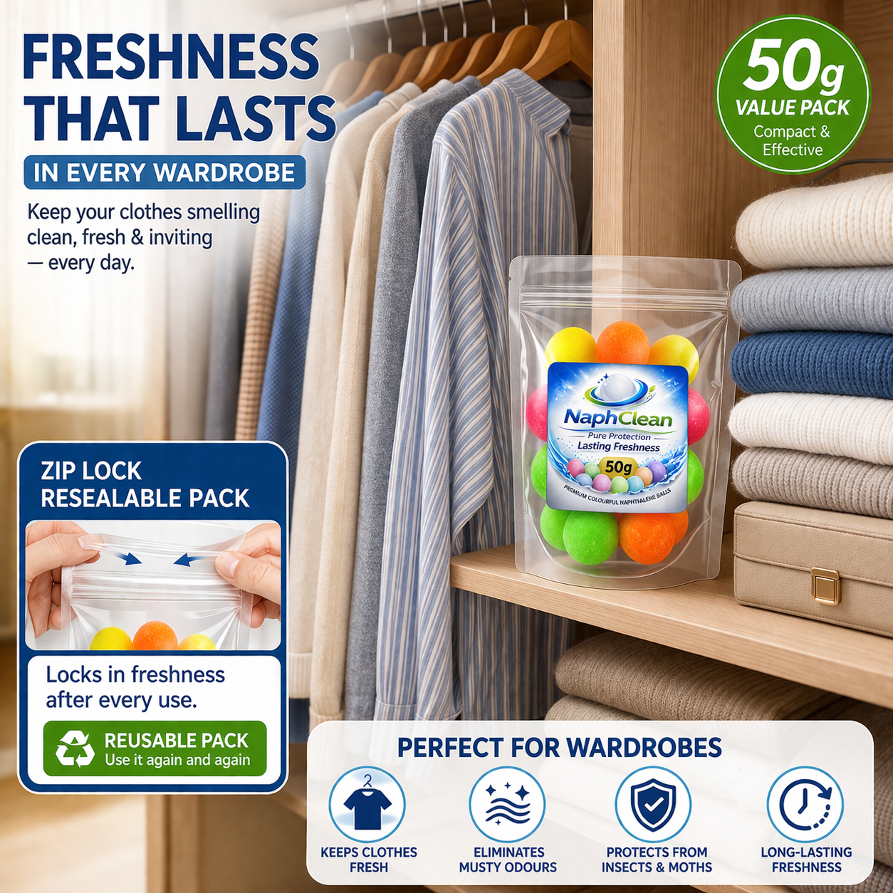 NaphClean Multi Colour Naphthalene Balls for Clothes | 50 Grams | Bathroom | Wardrobe | Moth, Protect Clothes | Insect Repellant | Ideal For Cupboards, Bookshelves And Toilets