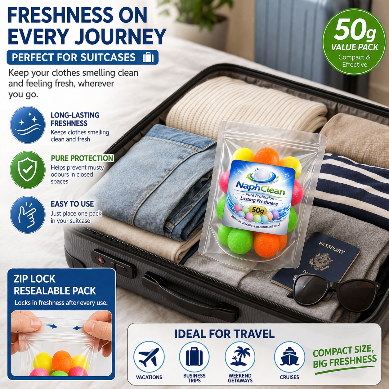 NaphClean Multi Colour Naphthalene Balls for Clothes | 50 Grams | Bathroom | Wardrobe | Moth, Protect Clothes | Insect Repellant | Ideal For Cupboards, Bookshelves And Toilets