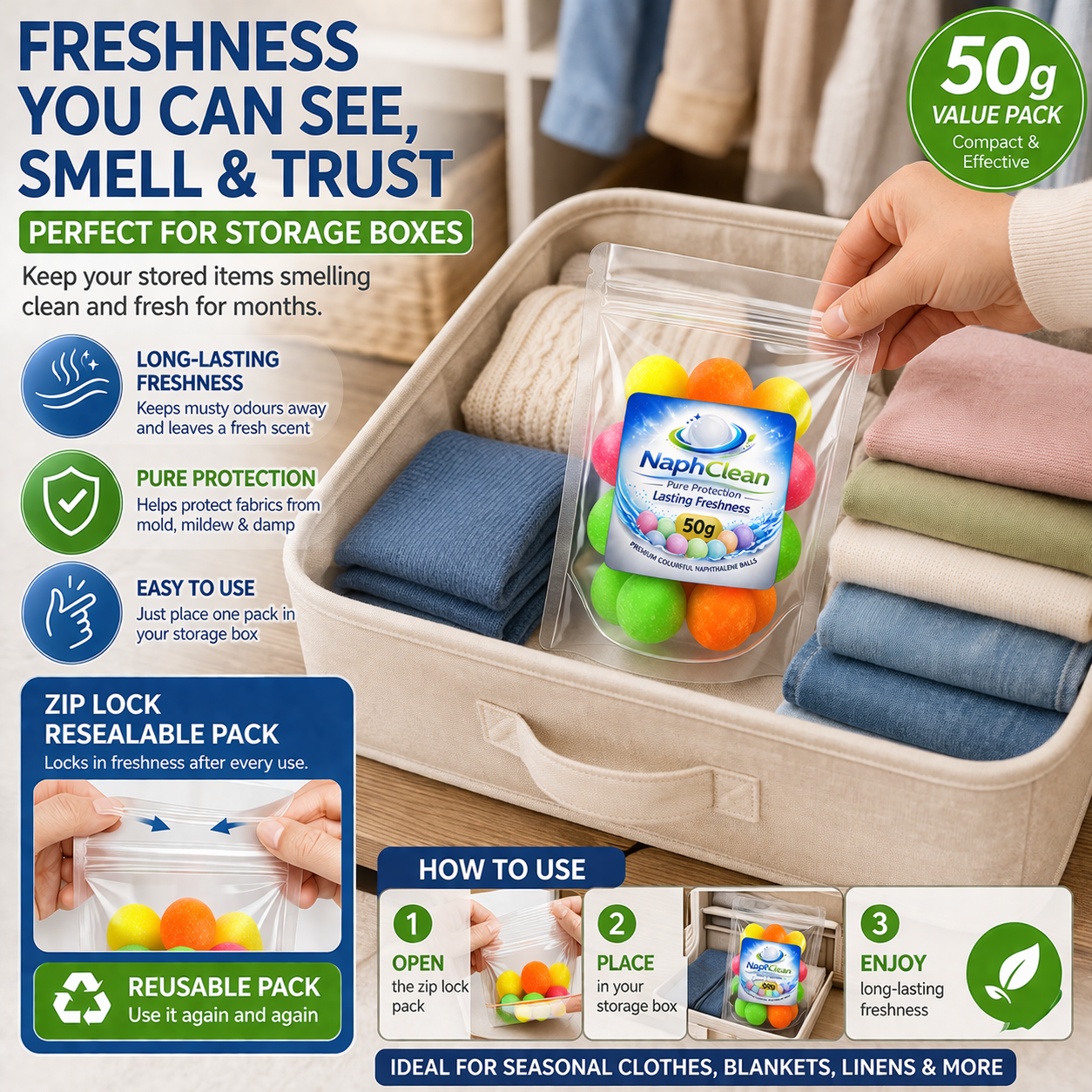 NaphClean Multi Colour Naphthalene Balls for Clothes | 50 Grams | Bathroom | Wardrobe | Moth, Protect Clothes | Insect Repellant | Ideal For Cupboards, Bookshelves And Toilets