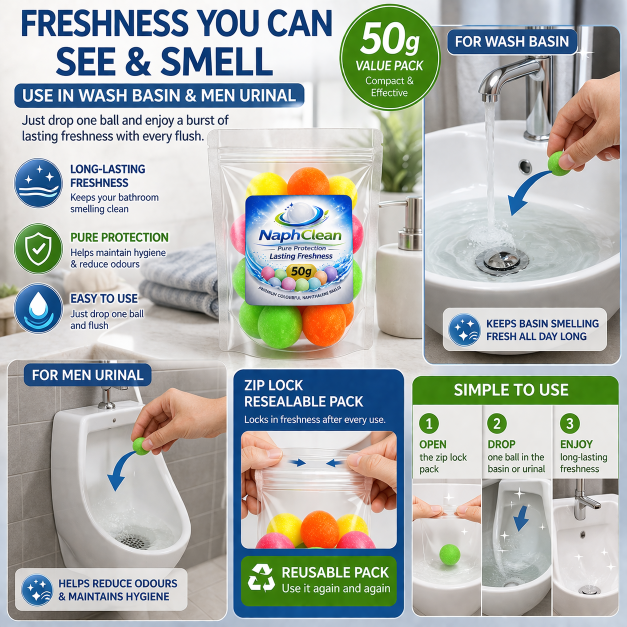 NaphClean Multi Colour Naphthalene Balls for Clothes | 50 Grams | Bathroom | Wardrobe | Moth, Protect Clothes | Insect Repellant | Ideal For Cupboards, Bookshelves And Toilets