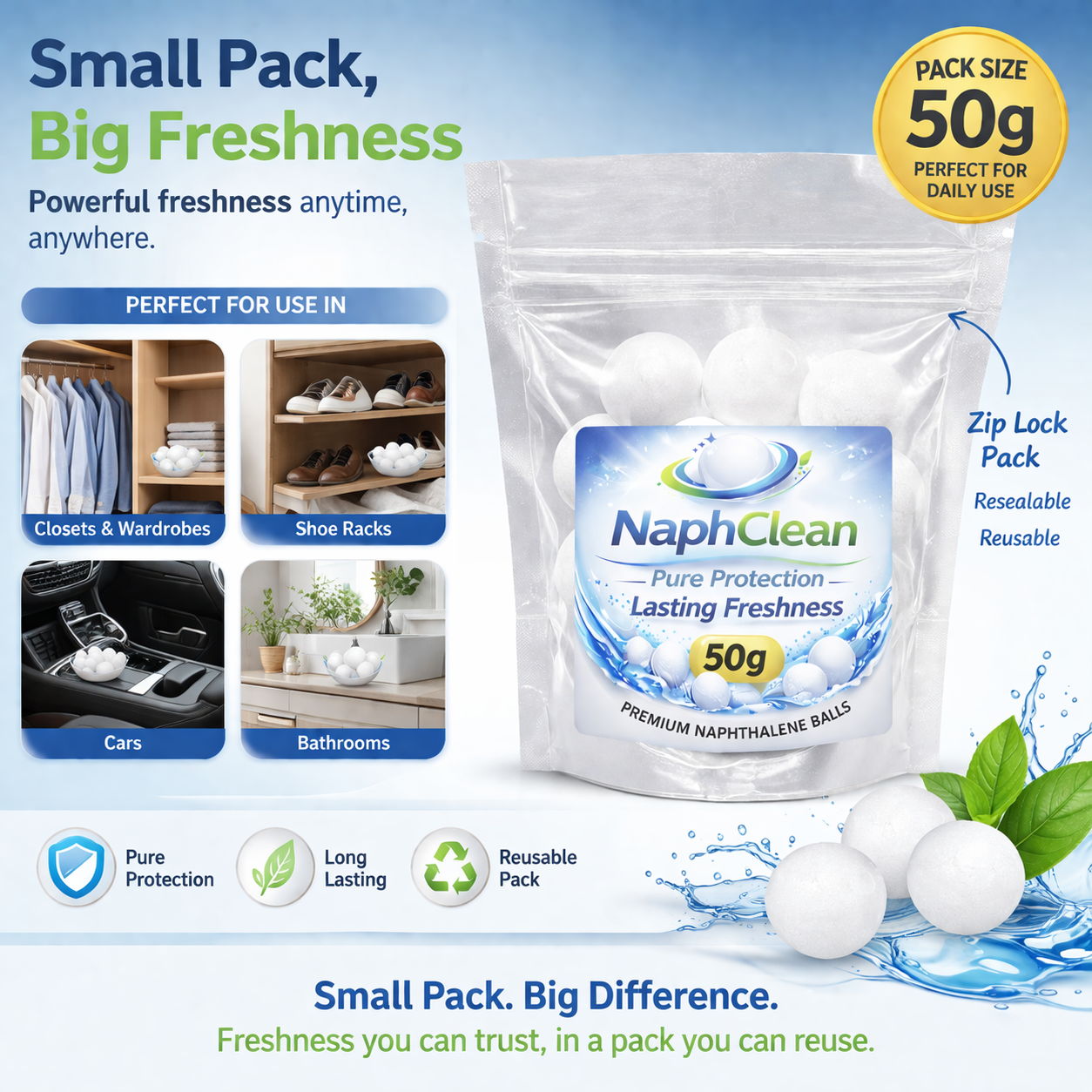 NaphClean Naphthalene Balls — 50g | Compact Wardrobe & Drawer Protection