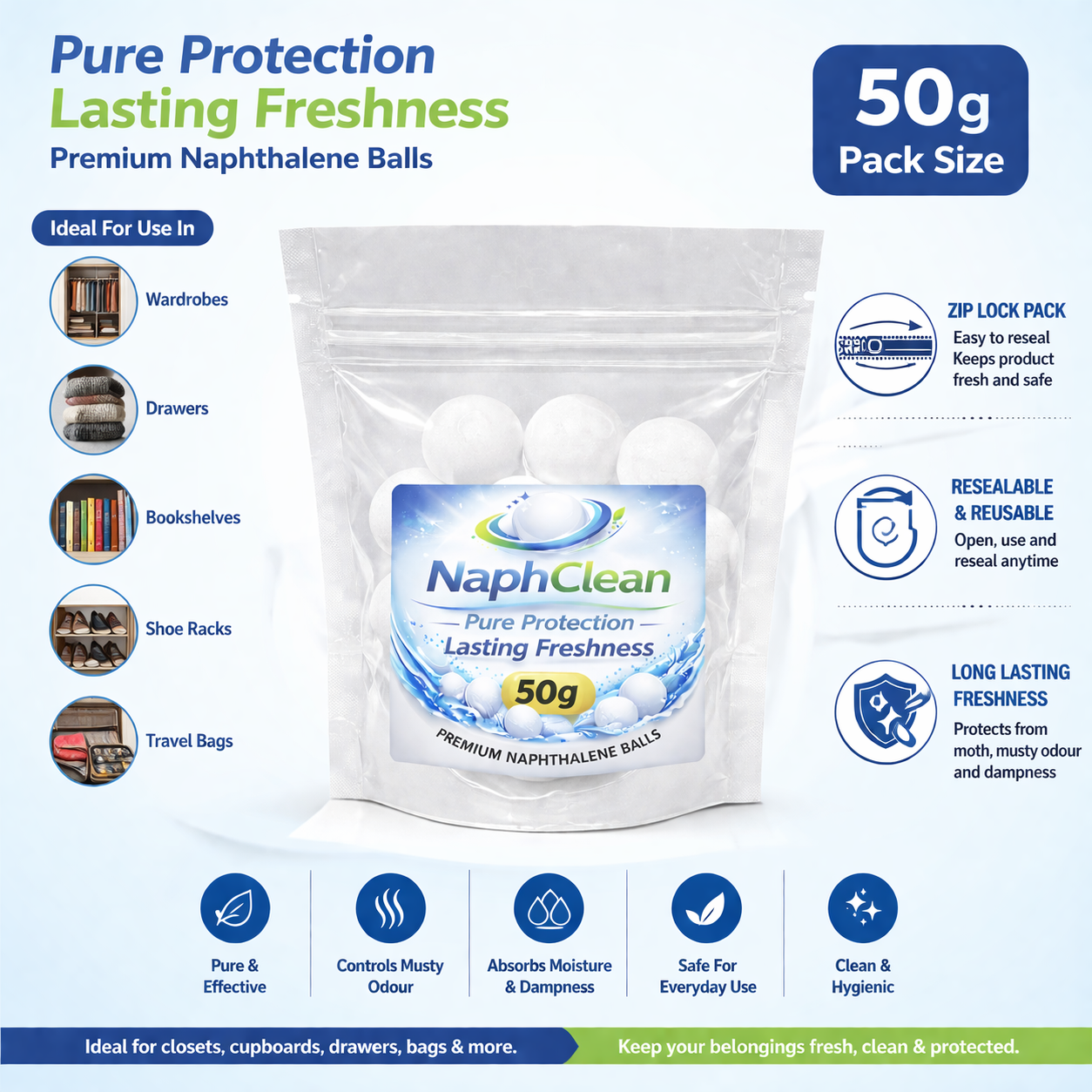 NaphClean Naphthalene Balls — 50g | Compact Wardrobe & Drawer Protection