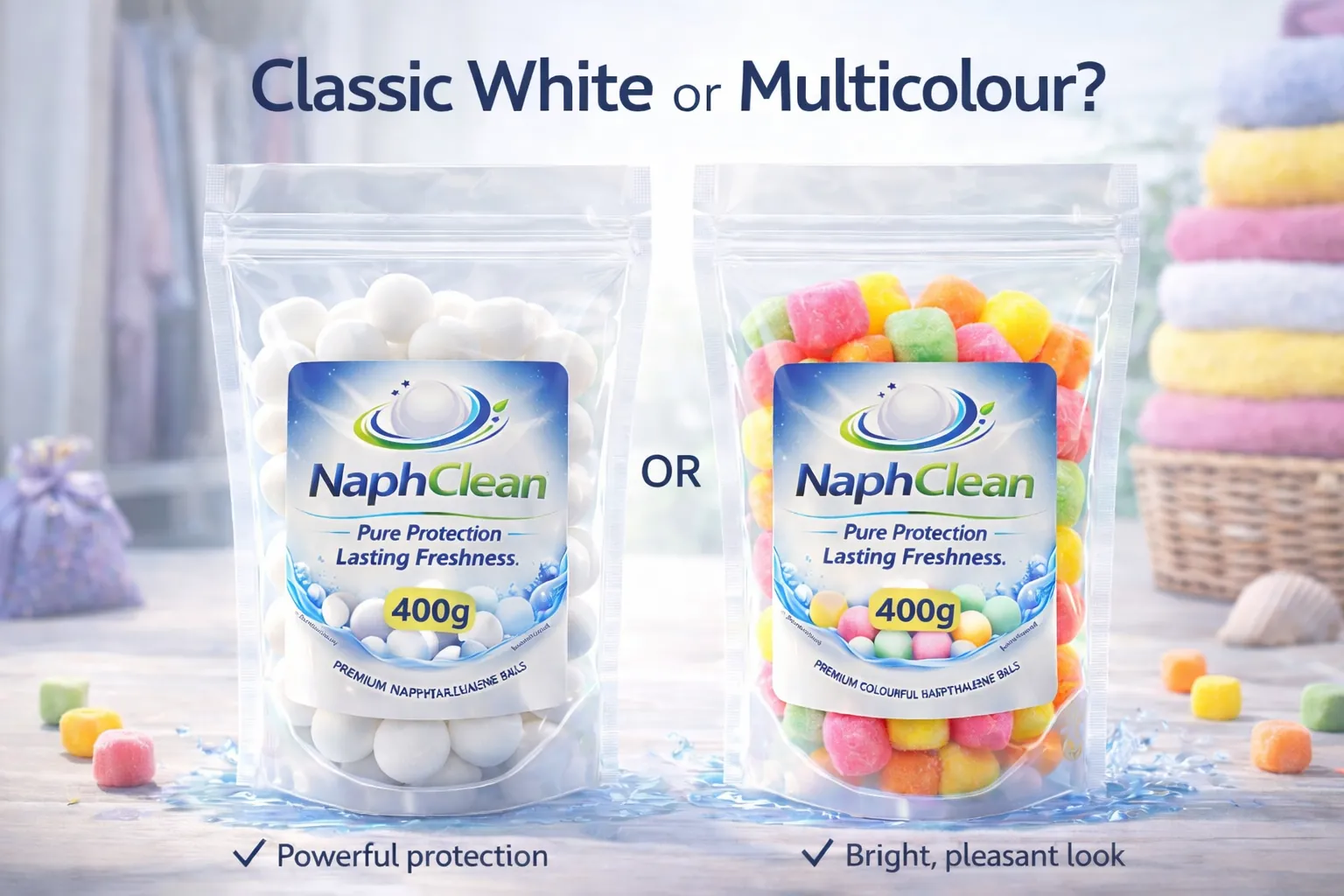 Classic White and Multicolour NaphClean packs side by side